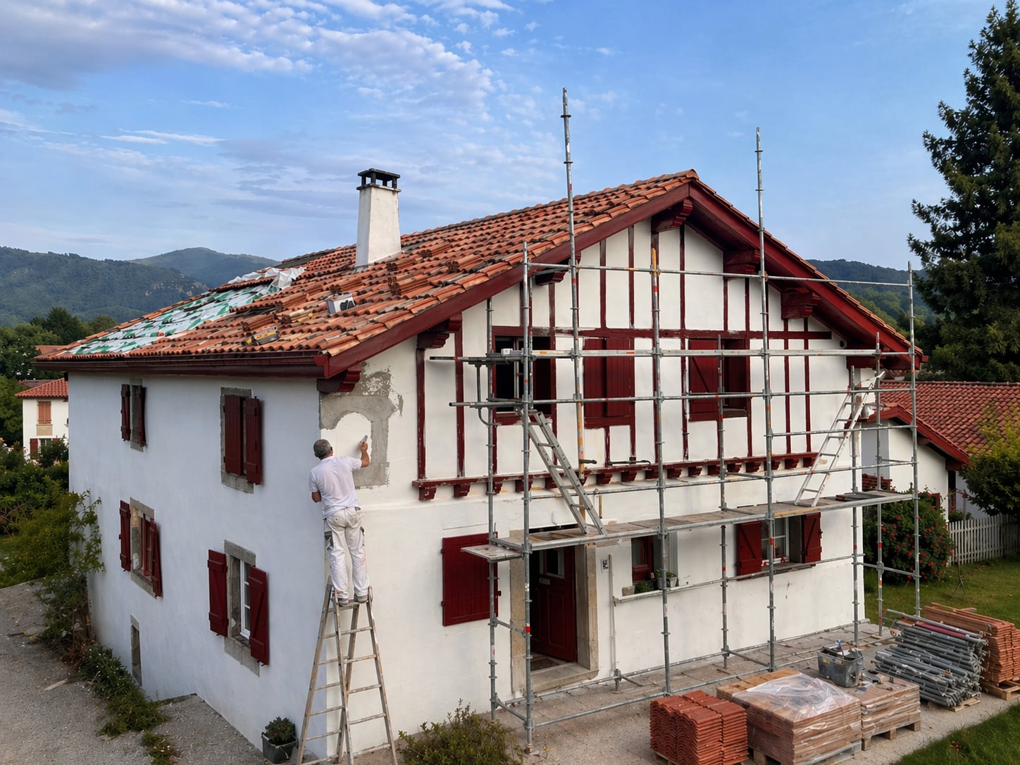 Maison basque labourdine en rénovation : peintre sur échelle devant la façade et toiture en restauration